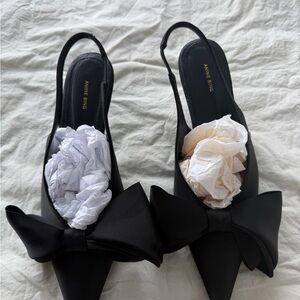 Anine Bing Black Pointed-Toe Slingback Flats with Oversized Bows
